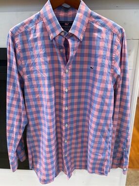 vineyard vines Slim Fit Whale Shirt Mens Button up shirt pink blue size medium